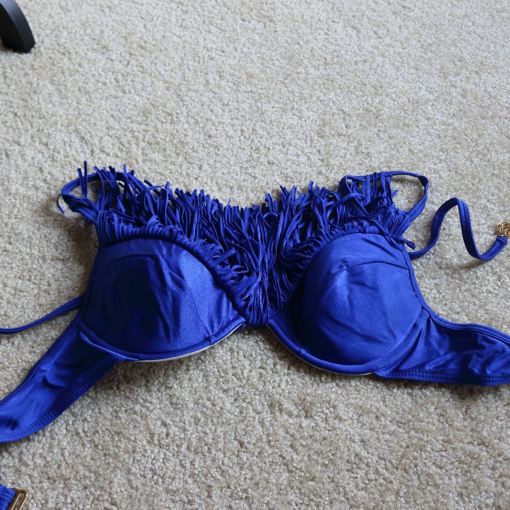 Luli Fama Blue Fringe Swim Halter Bikini Top M - Picture 11 of 11